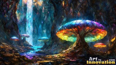 Giant tinted glass mushrooms in a shadowy cave beside a waterfall