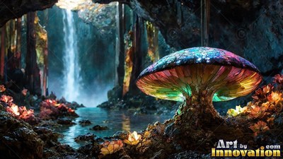 Bright rainbow glass cap on a mushroom by a rocky stream and waterfall inside a dark cave
