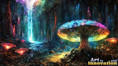 A large mushroom stands beside a waterfall with yellow and pink light under its cap