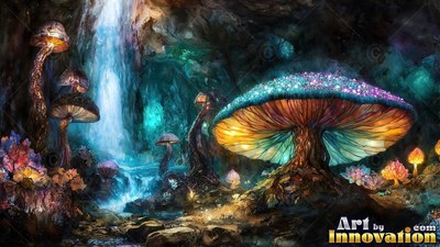 Standing wide in a dark cavern, a large blue mushroom grows by a waterfall