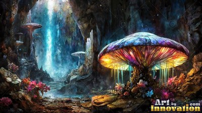 A bright mosaic glass mushroom shines inside a dark rocky cave by a blue waterfall