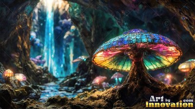 In a dark rocky cave, a stained glass mushroom shines with colorful light