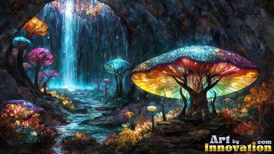 Shining in a deep cave, giant colorful mushrooms grow beside a blue waterfall stream