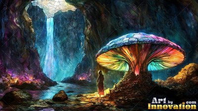 A robed figure looks up at a stained-glass mushroom inside a cave