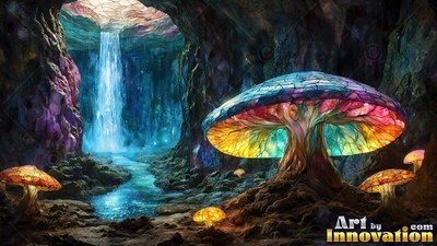A rainbow glass cap covers a giant mushroom in a dark cavern with a blue waterfall