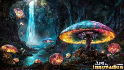 St ained tinted glass mushrooms grow beside a cave waterfall, lit with yellow and cyan hues