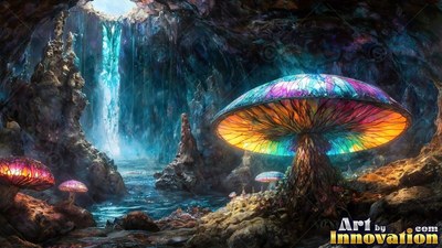 Standing upright in a dark cavern, a stained glass mushroom shines with rainbow light