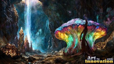 A bright stained glass mushroom shines inside a dark stone cave near a waterfall