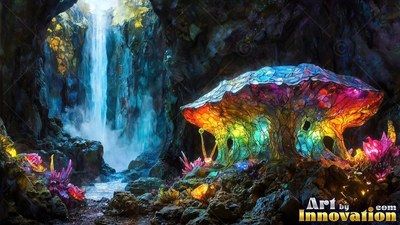 In a dark cavern beside a waterfall, a rainbow stained-glass mushroom shines brightly