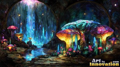 Sprouting in a dark cavern, giant blue and yellow mushrooms shine beside water pools