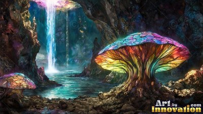 Tinted glass mushroom standing beside a cave waterfall