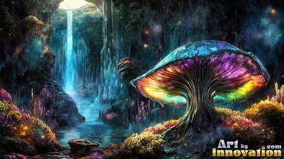 A rainbow-colored cap tops a large mushroom beside a blue waterfall inside a dark cave