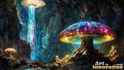 A mosaic glass mushroom stands in a dark cave, lit from within by yellow light