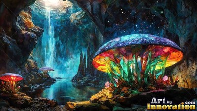 Sprouting upright in a blue cave, a bright glass mushroom by a pool