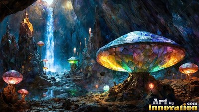 A cavern filled with giant stained-glass mushrooms by a blue waterfall