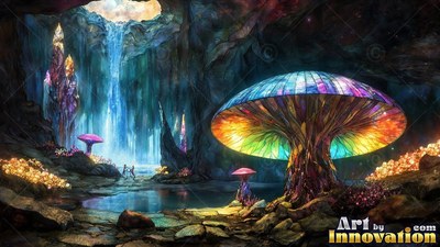 In a dim cave with a waterfall, two tiny figures walk near a colorful glass mushroom