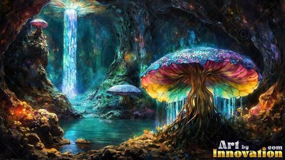 Sprouting beside a cave pool, a colorful giant mushroom shines beneath light beam waterfalls