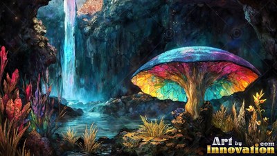 A colorful mosaic glass mushroom beside a blue waterfall