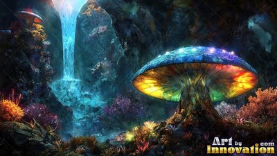 A blue speckled cap tops a giant mushroom inside a rocky cavern with a waterfall