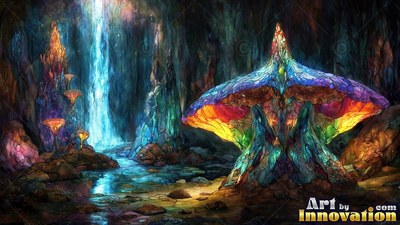 A giant mushroom stands beside a cavern waterfall with bright yellow and purple glass panes