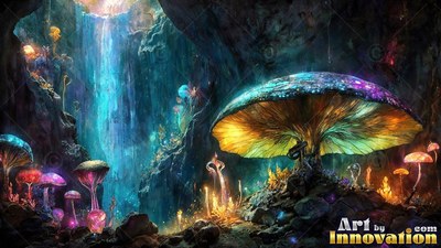 Tilted upright on a dark cave floor, giant colorful mushrooms shine by a blue waterfall