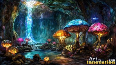 Bright colored glass mushrooms stand beside a blue pool inside a dark stone cave
