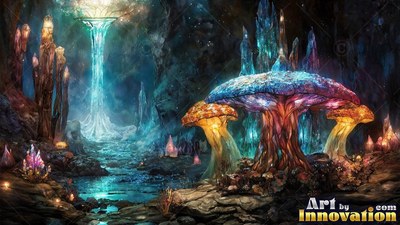 In a dark cavern, giant colorful mushrooms grow beside a blue waterfall