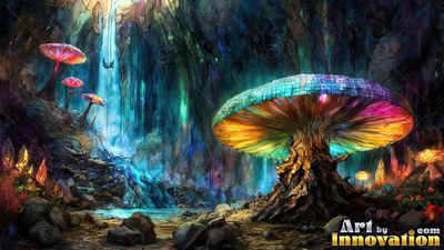 Spreading wide over rocky ground, a rainbow mushroom stands by a blue waterfall cave