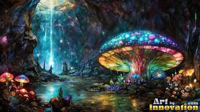 A giant colorful stained glass mushroom stands inside a cave pool