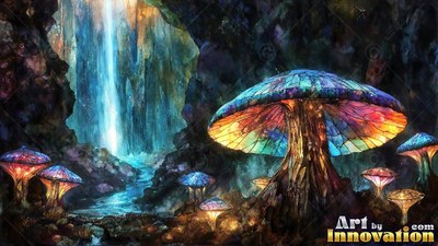 A stained-glass cap in blue and yellow tops a mushroom inside a dim cave waterfall