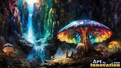A large mushroom stands beside a waterfall, shining with bright yellow and blue light panels