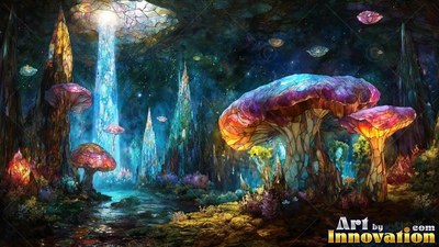 Standing tall in a dark cave, huge stained colored glass mushrooms shine under a blue light beam