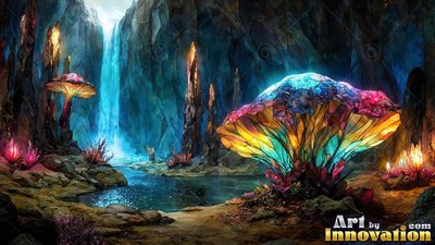 Large leaded tinted glass mushrooms shine beside a blue cave pool and waterfall