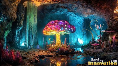In a dark cavern, a large purple and orange glass mushroom shines above water