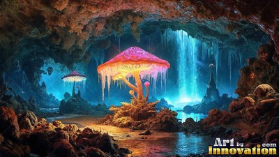 Shining in a dark cavern, a pink mushroom grows near blue waterfalls