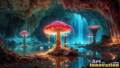 Red mushrooms grow in water inside a shadowy cave pool