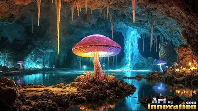 A wide pink cap tops a giant mushroom rising above a cavern pool with bright blue water