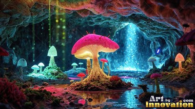 A pink mushroom stands inside a rocky cavern beside bright blue falling water