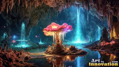 Standing upright in a flooded cave, a bright pink mushroom grows by blue waterfalls