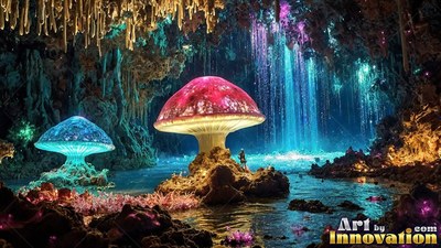 Giant pink and blue mushrooms stand in water near an underground waterfall