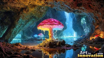 In a rocky cave, a bright pink mushroom stands above a pool of water