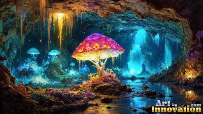 Shining inside a rocky cave, a giant pink mushroom tree lights up shallow water pools