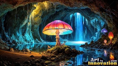 A large red mushroom standing inside a blue cave pool