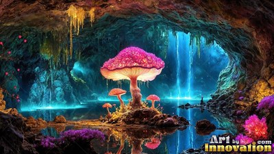 A pink mushroom with small flowers sits by blue water in a rocky cave