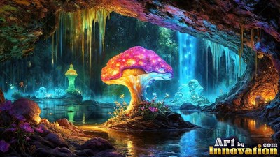 A giant mushroom sprouts in a cave pool, shining with bright pink and yellow light