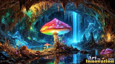 Standing upright in a dark cave, a bright rainbow mushroom grows by a waterfall