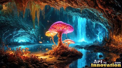 Bright pink and yellow mushrooms grow beside water inside a dark blue cave