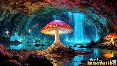 In a blue cave with waterfalls, a giant mushroom stands over water pools
