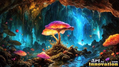 Sprouting in a dark cavern, a bright pink mushroom lights up a rocky pool