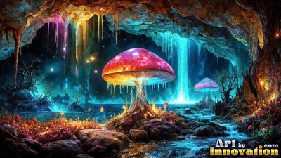 Pink mushroom in a dark cave with bright water